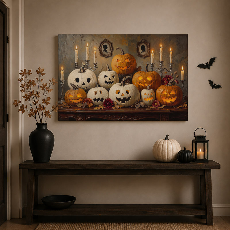 Art mural sur toile sculpté citrouilles orange et blanches avec bougies allumées, 16"H x 24"W