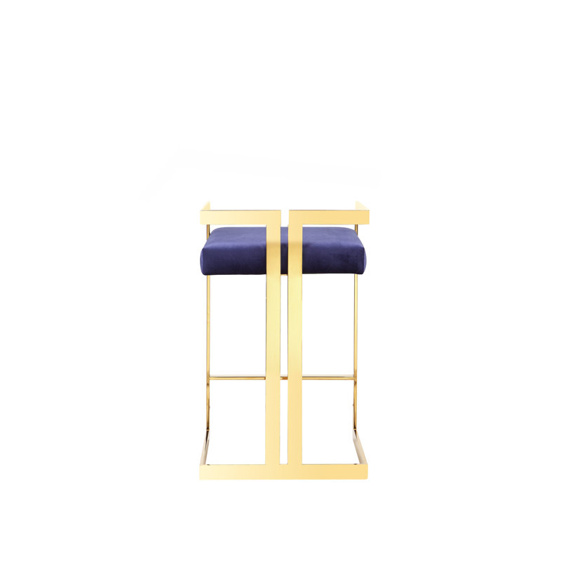 Upholstered Counter Stool with Metal Frame, Gold, Navy Velvet