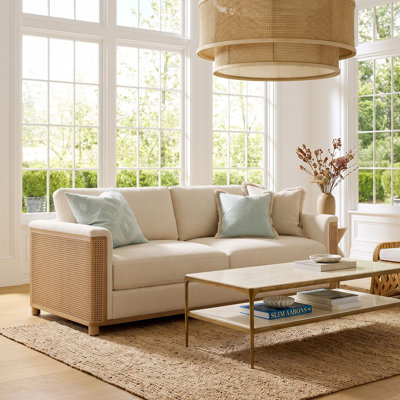 Dexton 80" Wide Modern Bouclé Sofa with Woven Cane Arms and Solid Wood Trim