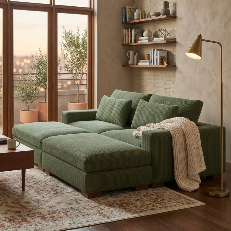 Erlendur 4 - Piece Upholstered Sectional, Green Corduroy