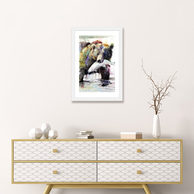 «Brown Bear and Salmon» - reproduction, H 16 po x l 24 po x P 1 po, Papier blanc