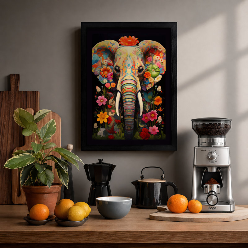 Elephant in Bloom Botanical 1 Piece Single Picture Frame Wall Art, A1 - 84.1 x 59.4 cm, Black