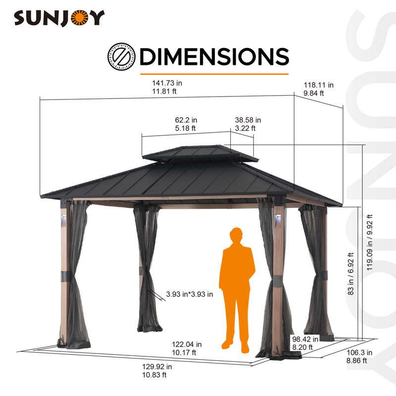 Black Steel 10x12 Hardtop Gazebo with Netting and LED Lights