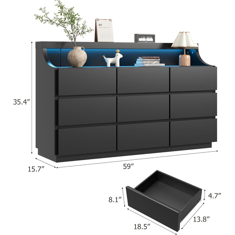 Commode 9 tiroirs 59 "pour chambre à coucher, Noir