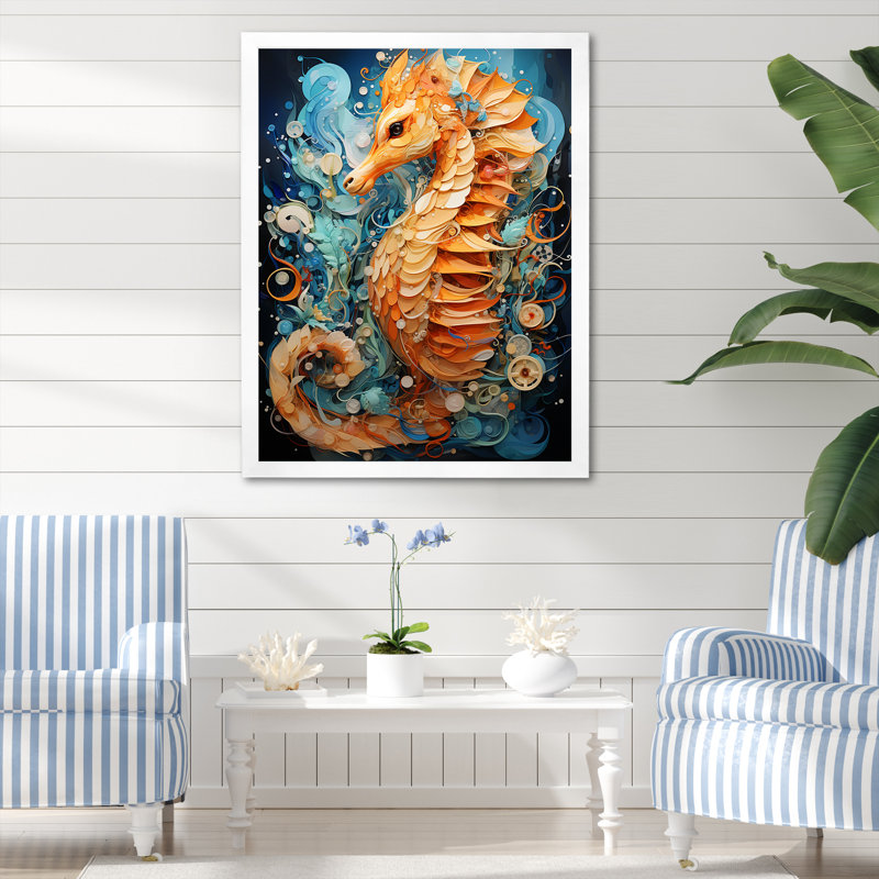 Hippocampe orange et bleu Symphony 1, H 32 po x l 16 po x P 1 po, Cadre photo blanc