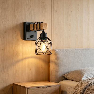 Ensemble de 2 appliques murales industrielles, lampe murale en bois rustique et cage en métal noir, applique murale rétro câblée, applique murale E26 pour le salon de la chambre à coucher