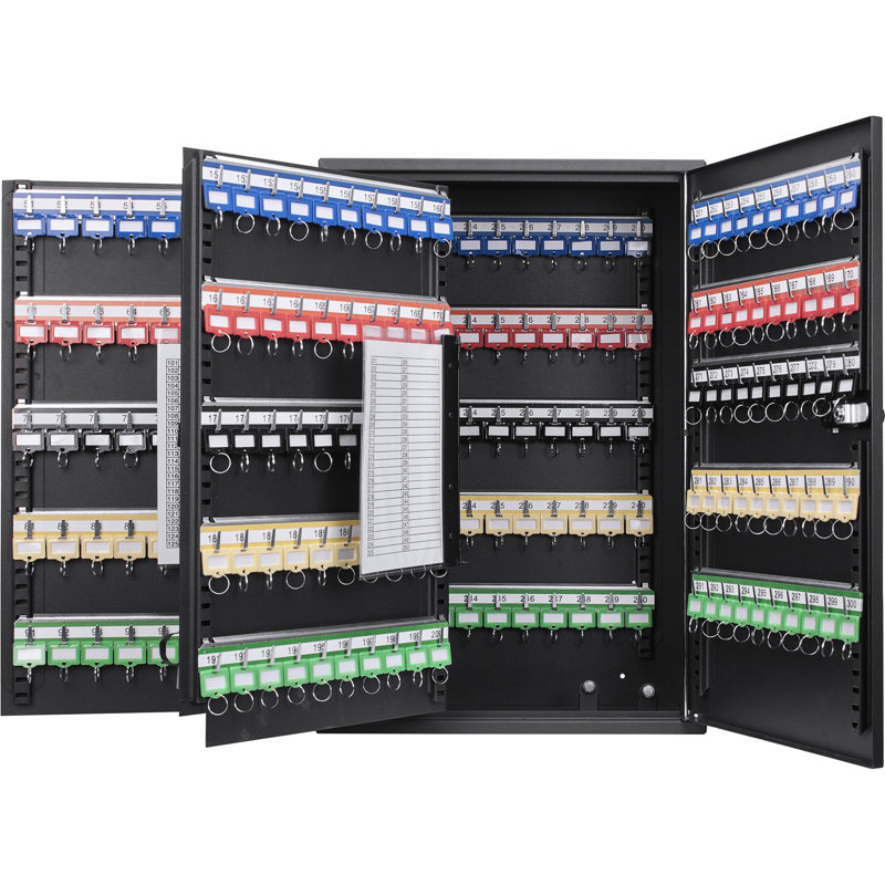 Combination Lock Key Cabinet - 300 Capacity, Black Steel, Wall Mount For Easy Organization Mounted With Keys And Colorful Tags Lock, Adjustable