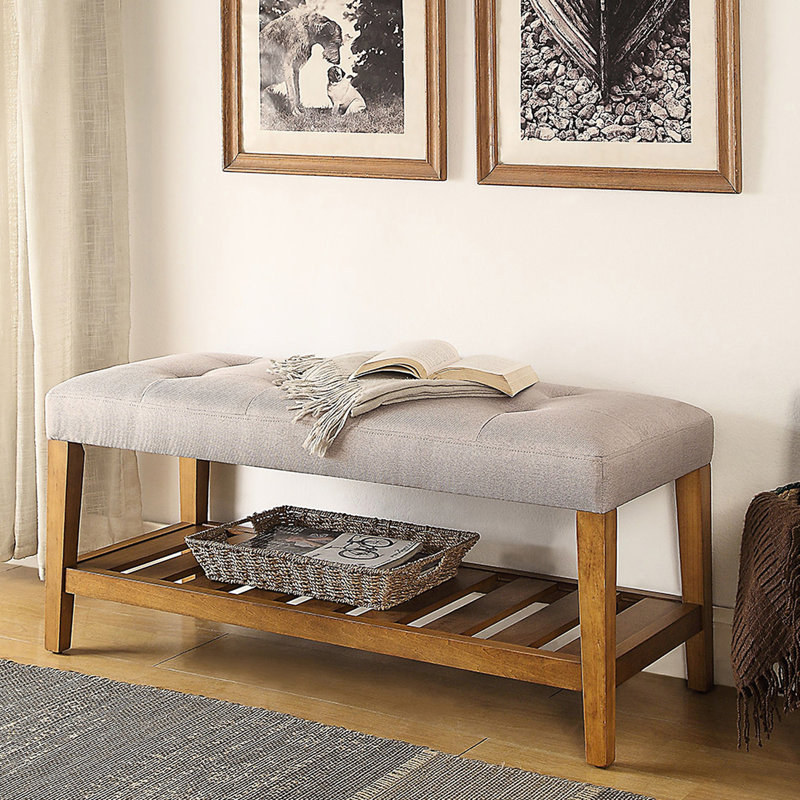 Modern Grey And Oak Bench With Comfortable Seat Shelves Padded Frame Storage Option
