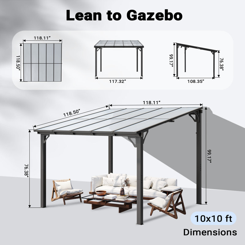  10 ft. W x 10 ft. D Hardtop Sloping Roof Pergola Gazebo, Outdoor Aluminum Frame Pergola for Patio or Backyard