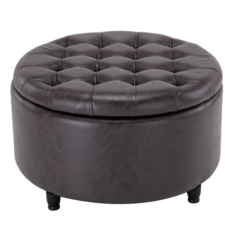 Classic 28-Inch Wide Button Tufted Round Storage Ottoman With Lift-Off Lid, Charcoal