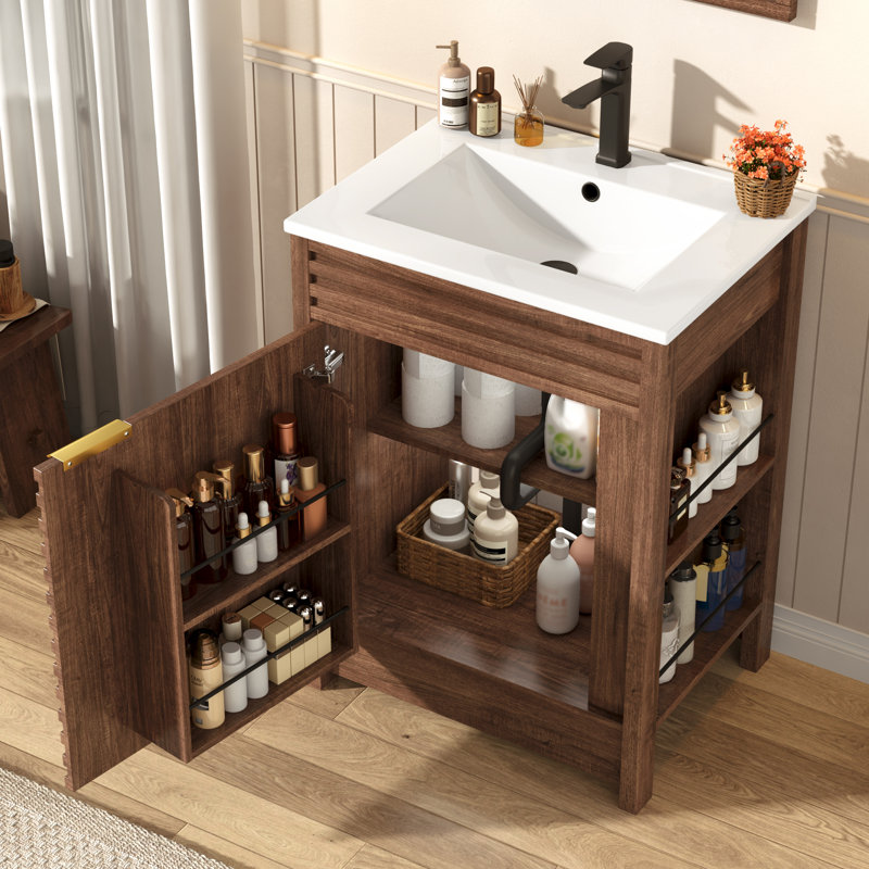 Bathroom Vanity With Sink, Faucet, Door Shelves And Open Side Shelves, Walnut, 24"