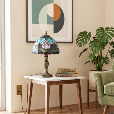 14.7 Inch High Tulip Green Table Lamp, Stained Glass Tiffany Desk Lamp With Bulb