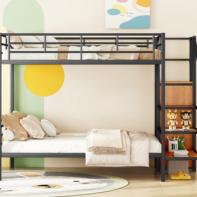 Lit superposé double en métal avec échelle de rangement latérale et garde-robe, noir, pour économiser de l'espace et organiser les chambres