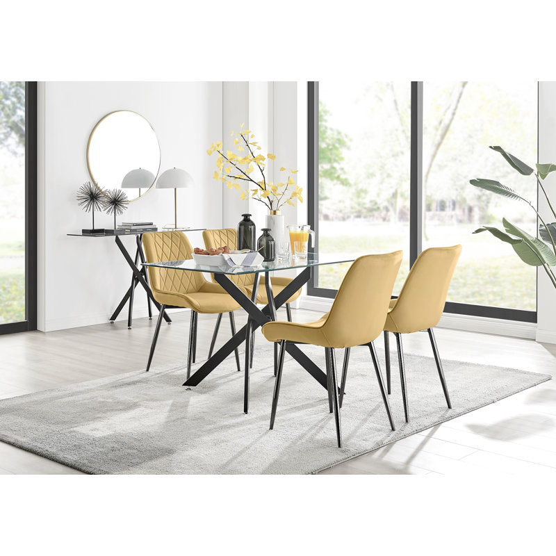 4 - Person Glass Top Pedestal Dining Set, Mustard/Black