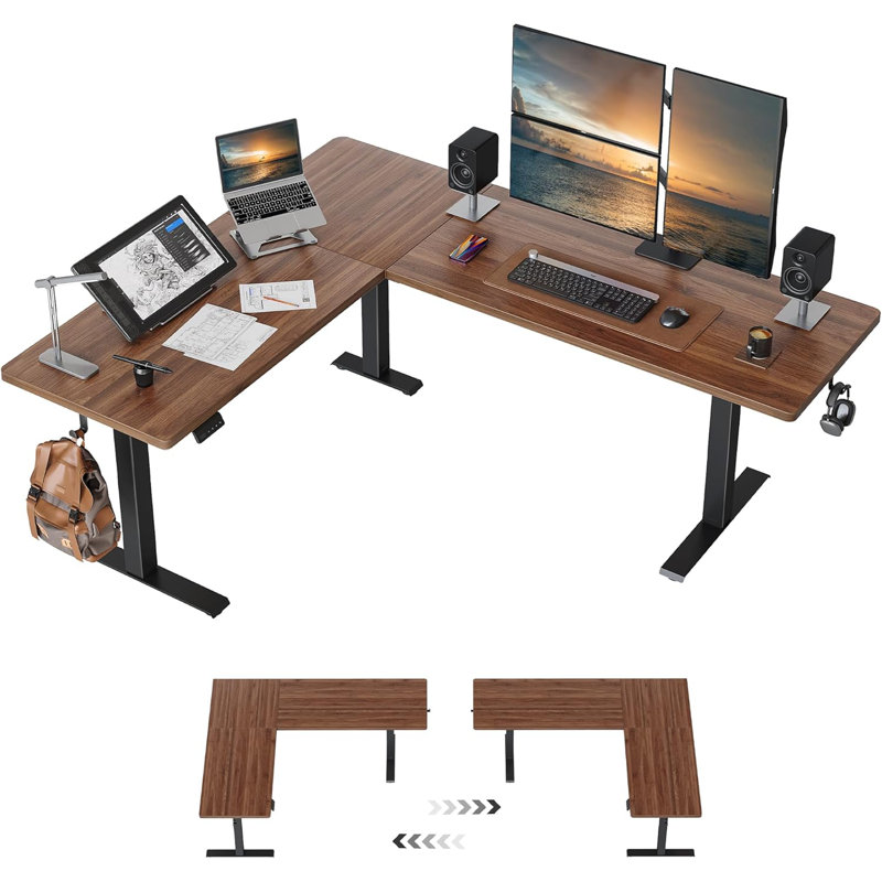 63" L-Shaped Standing Desk with Memory Height Controller, Adjustable Corner Desk for Home Office, Walnut/Black