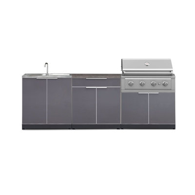 Ensemble de cuisine extérieure en aluminium gris ardoise, 5 pièces, comprenant un bar, un barbecue, un meuble-évier, un barbecue haute performance au propane de 91 cm et un comptoir en pierre reconstituée noire de 81 cm.