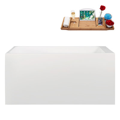 51" Streamline Soaking Glossy White Acrylic Freestanding Bathtub, Bamboo Tray, Drain