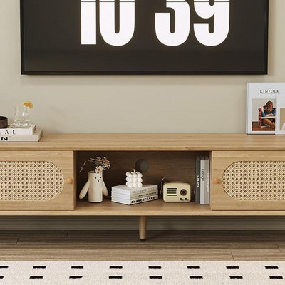 Meuble télé pour téléviseur de 80 po ou moins Boho, console multimédia de style campagne moderne, centre de divertissement avec pieds en bois massif, meuble télé pour le salon, cinéma maison