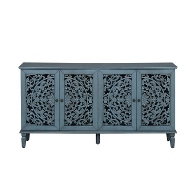 60" Antique Dining Buffet with Exquisite Floral Door Details, Adjustable Storage & Antique Hardware for Home Entertaining Areas
