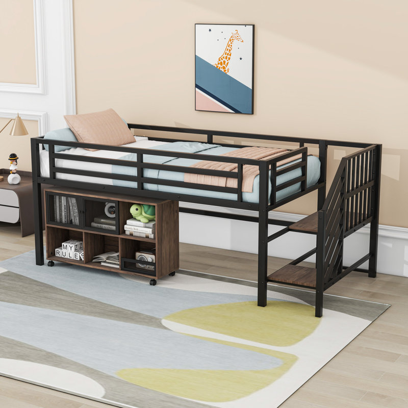 Twin Metal Loft Bed With Storage And Stairs, Black