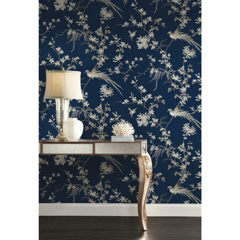 Rouleau de papier peint lisse 27 pi 27 po Bird and Blossom Chinoserie, Bleu