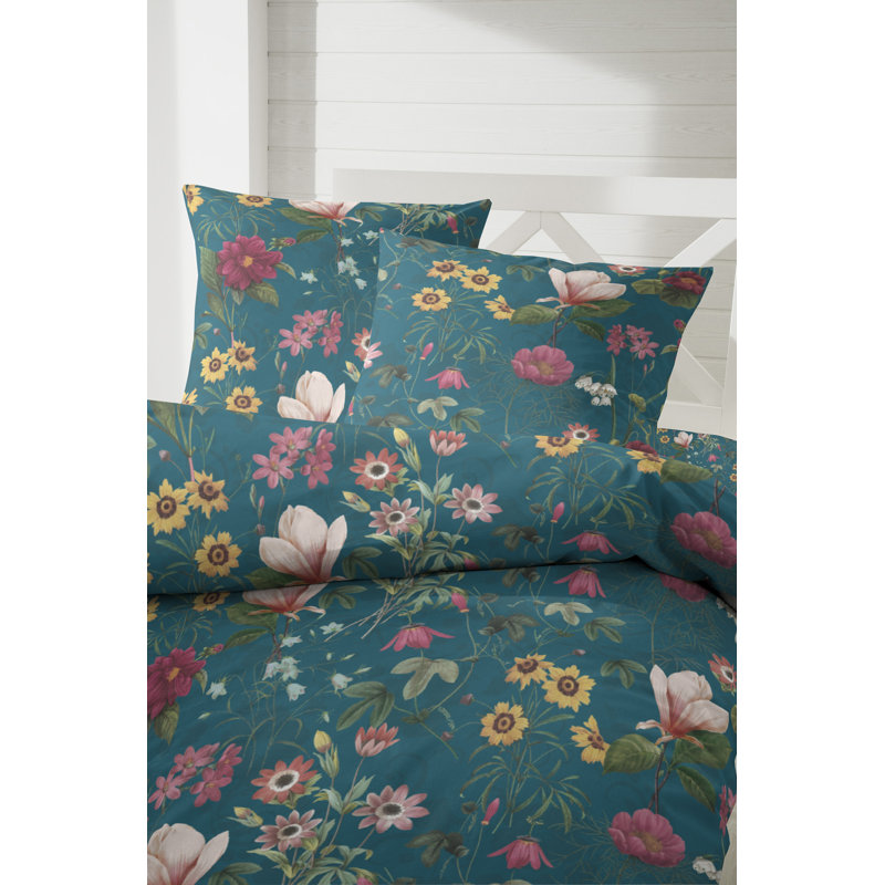 Kurie Cotton Floral Duvet Cover Set with Pillow Shams Included, Green, 155 x 220 cm - 1 Pillowcase (80 x 80 cm)