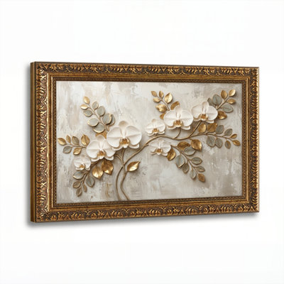 Art mural en toile noyer doré encadré pour le salon, la chambre à coucher, le bureau ou le vestibule - décoration murale décorative avec art floral