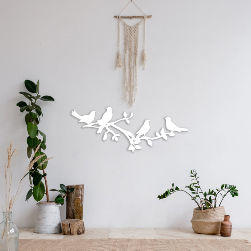 Décoration murale oiseaux sur une branche d'arbre, H 13 po x l 34 po x P 0,12 po, Blanc