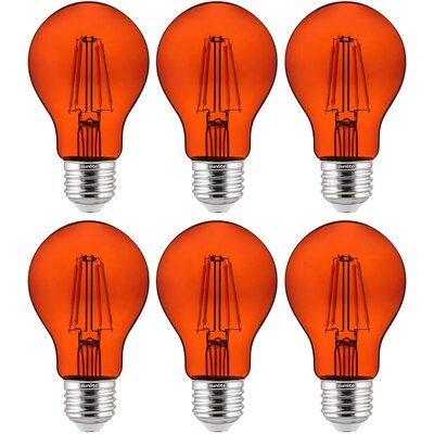 6- Pack LED Dimmable UL Listed Filament A19 Standard Colored Transparent Light Bulb, Orange Finish -  Sunlite, WF05941-1