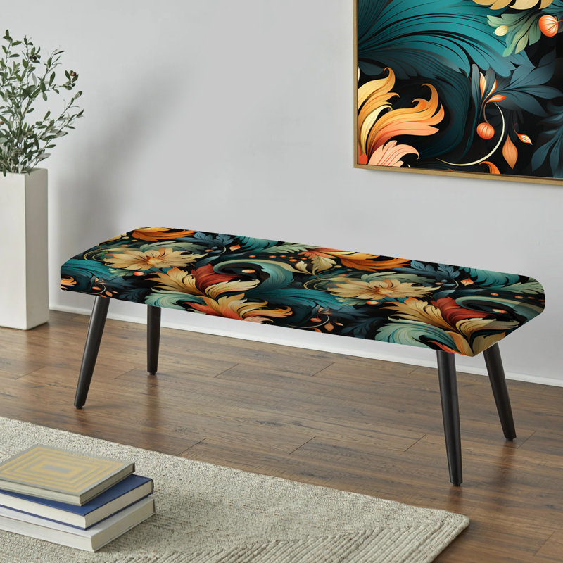 Beige And Green Tribal Damask Blend - Damask Upholstered Black Bench