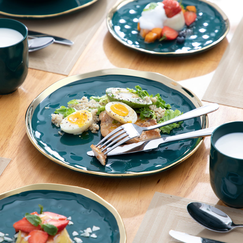 Colour Piece Handmade Ceramic Dinnerware Set - Service for 4, Teal/Gold