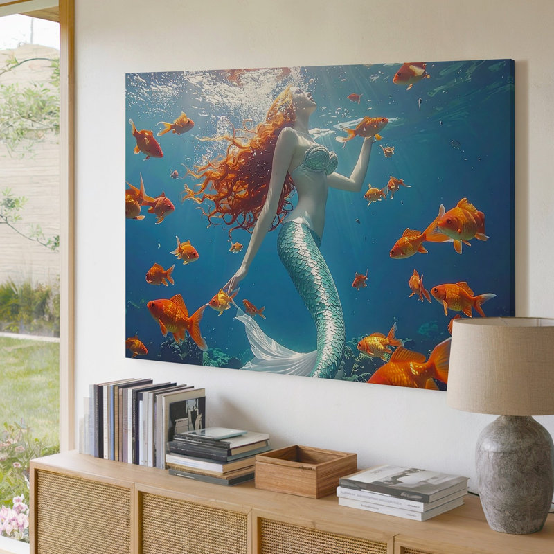 Toile sirène et harmonie poisson rouge, H 20 po x l 30 po