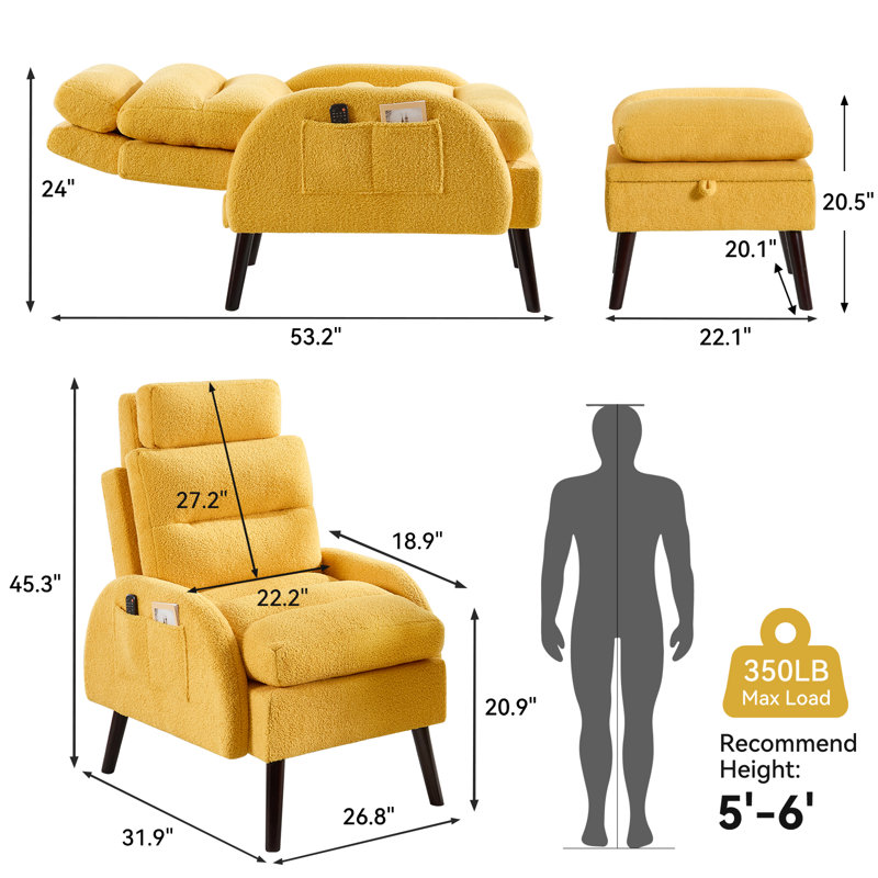 Jonilda Upholstered Accent Chair and Ottoman with  Adjustable Backrest, Yellow Teddy