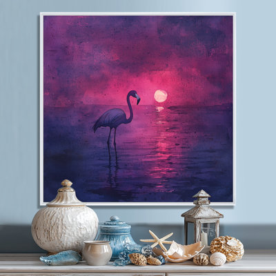 Silhouette de flamant rose lavande de Cobi dans la nuit I - art mural flamant rose pour le salon
