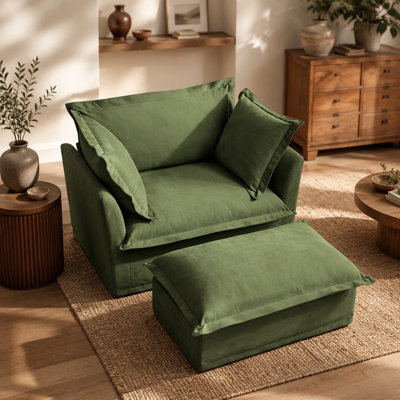 Fauteuil rembourré avec housse avec repose-pieds, fauteuil à assise profonde avec repose-pieds large pour le salon, ensembles de fauteuils avec grands coussins moelleux (ensemble de 2), tissu chenille, vert