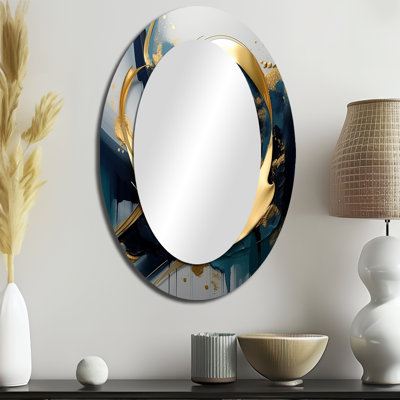 Golden Grey Abstract Fractal Whirls Of Serenity II - Large Oval Wall Mirror On Metal