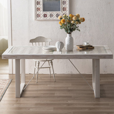 White Rectangular Solid Wood + Iron + Tempered Glass Dining Table