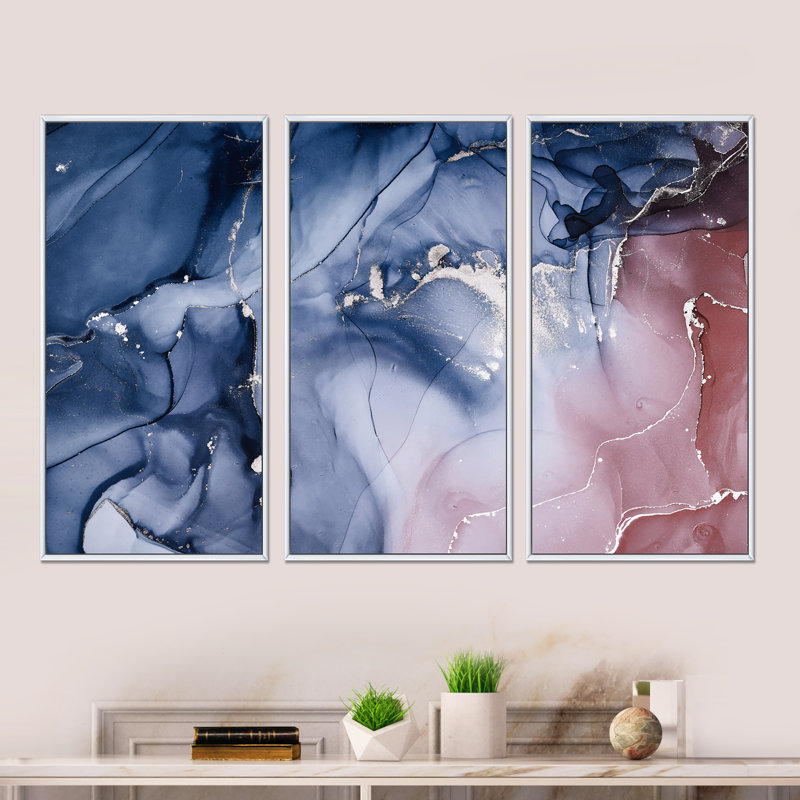 «Blue and Pink Marble Ink Clouds V», ensemble de 3 impressions sur toile à cadre flottant, H 28 po x l 36 po x P 1 po