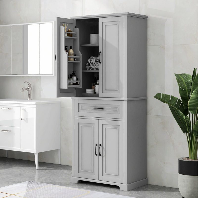 Élégante armoire de rangement pour salle de bain, armoire de rangement avec portes, tiroir et tablette réglable, Gris