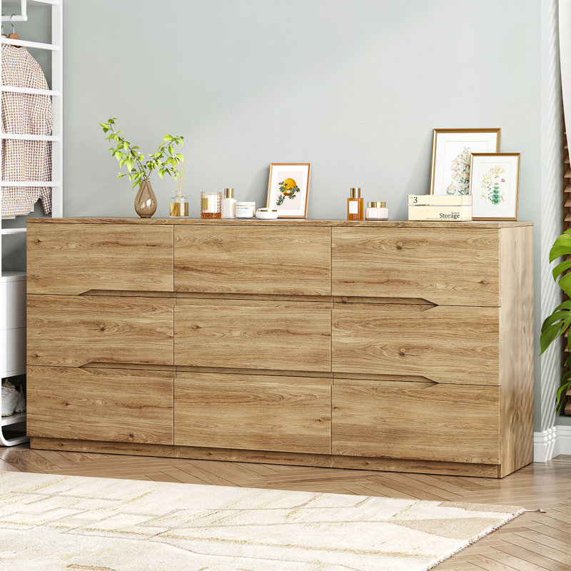 Dresser for Bedroom with 9 Drawers, 60” Wide Dresser for Storage and Organization, Modern Storage Cabinets & Chest of Drawers for Living Room, Closet, Hallway, Entryway, Office, Natural