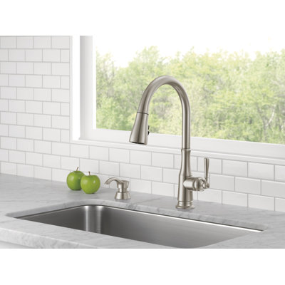 Delta Capertee Brushed Nickel Kitchen Faucet with Pull Down Sprayer and Soap Dispenser, Modern Single Hole Kitchen Sink Faucet, Single Handle, Spotshield Stainless