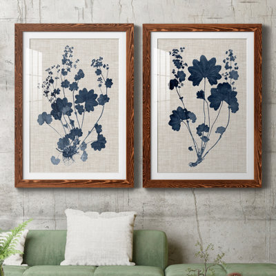 " Navy And Linen Leaves II " 2 - Pieces Painting Print