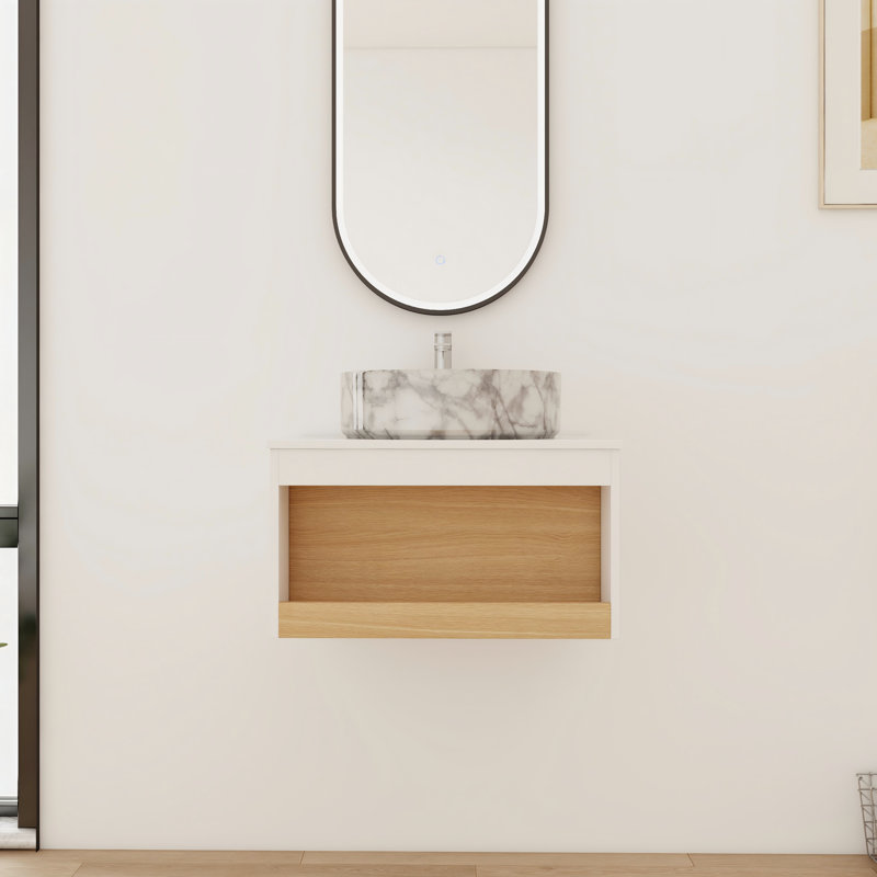 Meuble-lavabo simple 24 po avec lavabo vasque en céramique, Blanc avec motifs gris, 24"