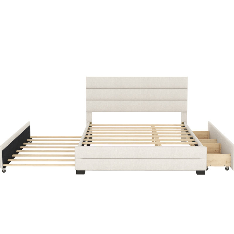 Queen Upholstered Platform Bed with Trundle & 2 Storage Drawers, Modern Bedroom Furniture, Beige