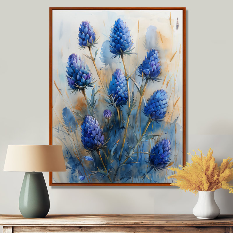 Décoration murale matin chardon bleu d'été II - chardon, H 32 po x l 16 po x P 1 po, Toile avec cadre flottant brun
