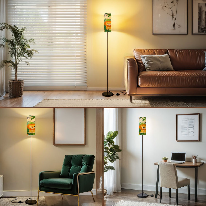  68.5" Standing Floor Lamp Seamless Jungle animals Hand drawn For kids Dimmable Metal Pole Lamp with Linen Lampshade LED Bulb Included