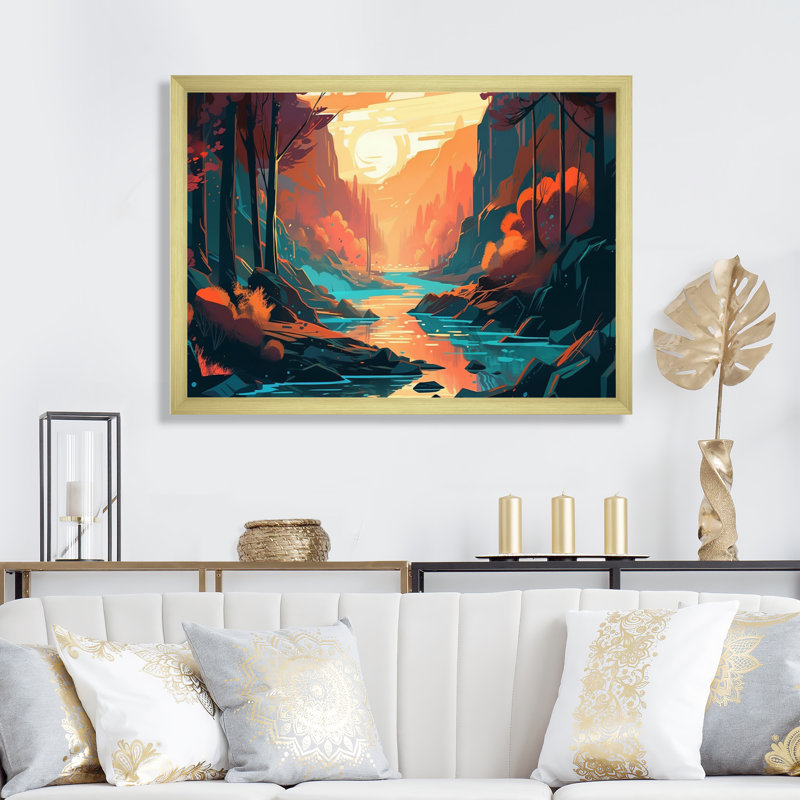 " Beautiful Stream At Sunset II ", 16" H x 32" W x 1" D, Gold Picture Framed