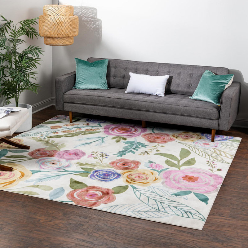 Daigneault Floral Ivory Area Rug, Square 5'3"