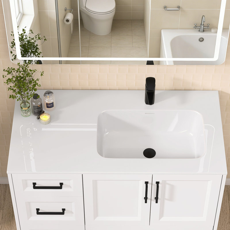 Comptoir de salle de bain simple 42 po x l 22 po avec comptoir en pierre en résine solide et comptoir blanc avec drain à droite et trou de robinet pré-percé