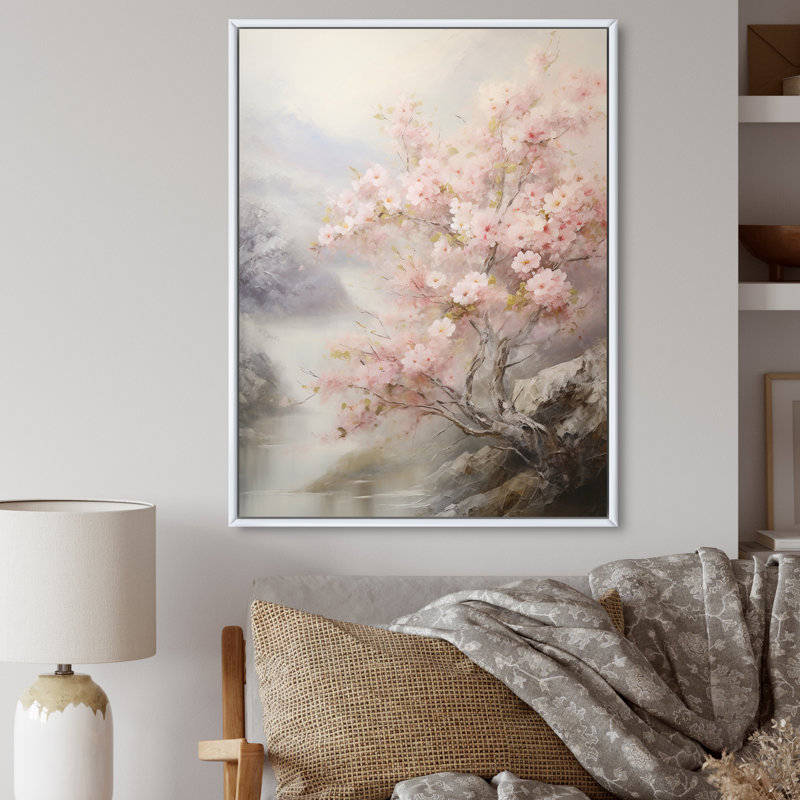 «Kiyami Pink Cherry Blossom», impression romantique sur toile, H 44 po x l 34 po x P 1,5 po, Cadre flottant blanc